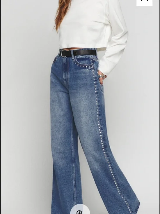 Reformation Studded High-Rise Wide Leg Jeans in Light Blue Denim - Picture 2 of 6